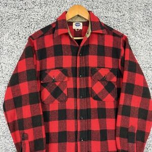 Vintage Pilgrim Sears Wool Shirt Mens Large Red Black Buffalo Plaid CPO 50s 60s